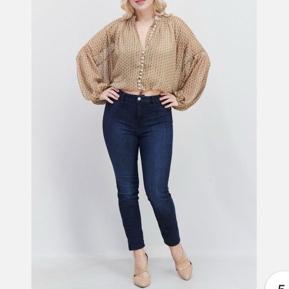 Kourt Long Sleeve Peasant Crop Blouse Top Size Large Anthropologie Bubble Sleeve - Picture 1 of 8